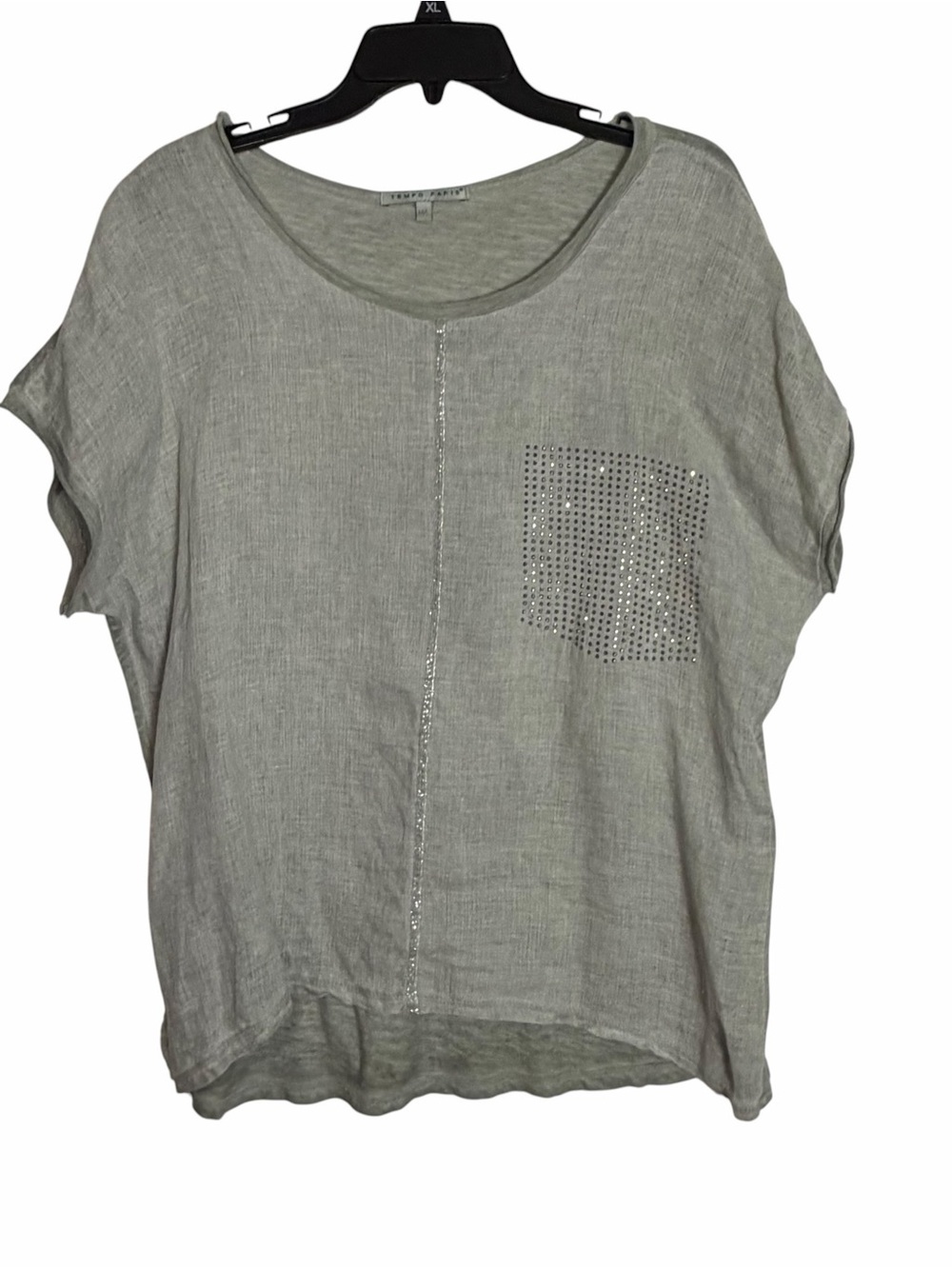 Tempo Paris Linen Top Green Silver Bead Made In Italy M/L Mixed Media Lagenlook